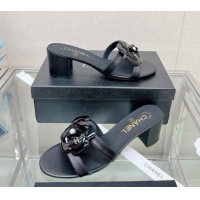 Grade Chanel Camellia Lambskin Heel Slide Sandals 5.5cm Black 619124