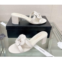 Sophisticated Chanel Camellia Lambskin Heel Slide Sandals 5.5cm White 619126