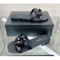 Popular Style Chanel Camellia Lambskin Flat Slide Sandals Black 619127