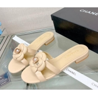 Top Design Chanel Camellia Lambskin Flat Slide Sandals Beige 619128