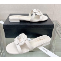 Purchase Chanel Camellia Lambskin Flat Slide Sandals White 619129