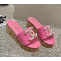 Classic Hot Chanel Patent Calfskin Wedge Slide Sandals with Pearl CC Pink 619143