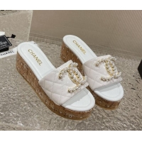 Hot Style Chanel Patent Calfskin Wedge Slide Sandals with Pearl CC White 619144