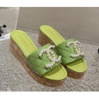 Best Grade Chanel Patent Calfskin Wedge Slide Sandals with Pearl CC Green 619145