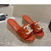 Good Product Chanel Patent Calfskin Wedge Slide Sandals with Pearl CC Orange 619147