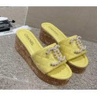 Sophisticated Chanel Patent Calfskin Wedge Slide Sandals with Pearl CC Yellow 619148