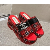 Stylish Chanel Tweed Wedge Slide Sandals with CC Leather Band Red 619151 