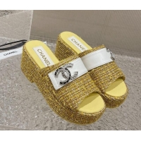 Low Price Chanel Tweed Wedge Slide Sandals with CC Leather Band Yellow 619150