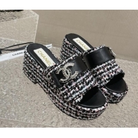 Fashion Luxury Chanel Tweed Wedge Slide Sandals with CC Leather Band Multicolor 619154