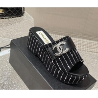 Generous Chanel Striped Tweed Wedge Slide Sandals with CC Leather Band Black/White 619155