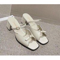 Popular Style Chanel Lambskin Heel Slide Sandals 5.5cm with Crystal Buckle White 619158