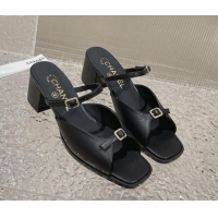 Charming Chanel Lambskin Heel Slide Sandals 5.5cm with Crystal Buckle Black 619159