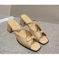 Discount Chanel Lambskin Heel Slide Sandals 5.5cm with Crystal Buckle Beige 619160