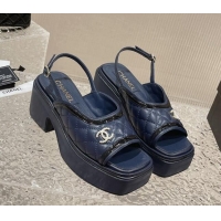 Good Quality Chanel Lambskin & Patent Calfskin Platform Sandals 7.5cm G45009 Navy Blue