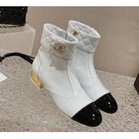 Stylish Chanel Patent Calfskin Short Ankle Boots 3cm with CC Stud G39736 White