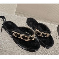 Sophisticated Chanel Furry Thong Flat Slide Sandals with Chain Black 619172