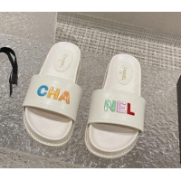 Luxury Chanel Leather Flat Slide Sandals with CHANEL Letters White 619182