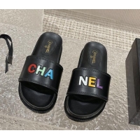 Grade Quality Chanel Leather Flat Slide Sandals with CHANEL Letters Black 619183