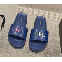 Best Grade Chanel Leather Flat Slide Sandals with CHANEL Letters Blue 619184