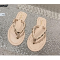 Stylish Chanel Leather Flat Thong Slide Sandals with CC Charm Nude 703057