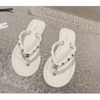 Purchase Chanel Leather Flat Thong Slide Sandals with CC Charm White 703058