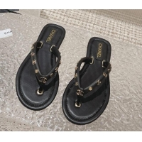 Durable Chanel Leather Flat Thong Slide Sandals with CC Charm Black 703059