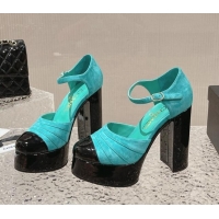 Good Looking Chanel Suede & Patent Calfskin Platform Mary Janes Pumps 12.5cm Green 703063