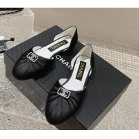 Good Quality Chanel Satin Silk Flat Open Ballerinas with Crystal CC Black 703064