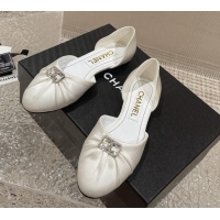 Luxury Chanel Satin Silk Flat Open Ballerinas with Crystal CC White 703065