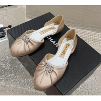 Grade Quality Chanel Satin Silk Flat Open Ballerinas with Crystal CC Beige 703066