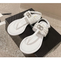 Best Grade Chanel Satin Silk Flat Slingback Thong Sandals with Crystal CC White 703068