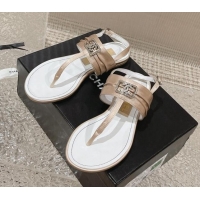 Good Quality Chanel Satin Silk Flat Slingback Thong Sandals with Crystal CC Beige 703069