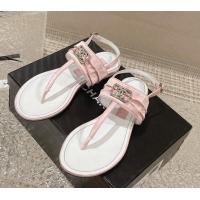 Best Product Chanel Satin Silk Flat Slingback Thong Sandals with Crystal CC Pink 703070