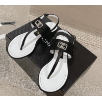 Charming Chanel Satin Silk Flat Slingback Thong Sandals with Crystal CC Black 703071