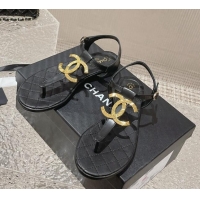 Classic Hot Chanel Lambskin Flat Thong Sandals with Metal CC Black 703073