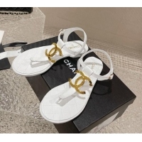 Good Product Chanel Lambskin Flat Thong Sandals with Metal CC White 703074