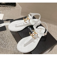 Popular Style Chanel Lambskin Flat Thong Sandals with Stone CC White 703075