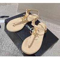 Top Grade Chanel Lambskin Flat Thong Sandals with Stone CC Apricot 703076