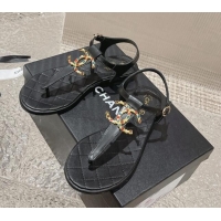 Purchase Chanel Lambskin Flat Thong Sandals with Stone CC Black 703077