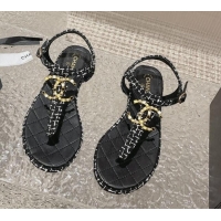 Charming Chanel Tweed Flat Thong Sandals with Stone CC Black 703080