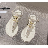 Good Quality Chanel Tweed Flat Thong Sandals with Stone CC White 703081