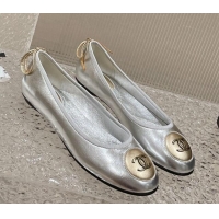 Top Design Chanel Calfskin Flat Ballerinas with Bow and CC Patch Silver 703082