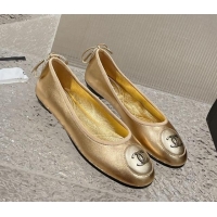 Top Grade Chanel Calfskin Flat Ballerinas with Bow and CC Patch Gold 703085