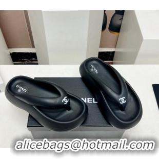 Classic Hot Chanel Rubber Platform Slide Thong Sandals 4cm Black 703092