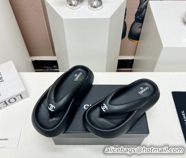 Classic Hot Chanel Rubber Platform Slide Thong Sandals 4cm Black 703092