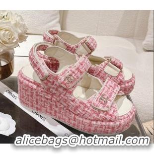 Popular Style Chanel Tweed Wedge Sandals 7.5cm Pink 071040