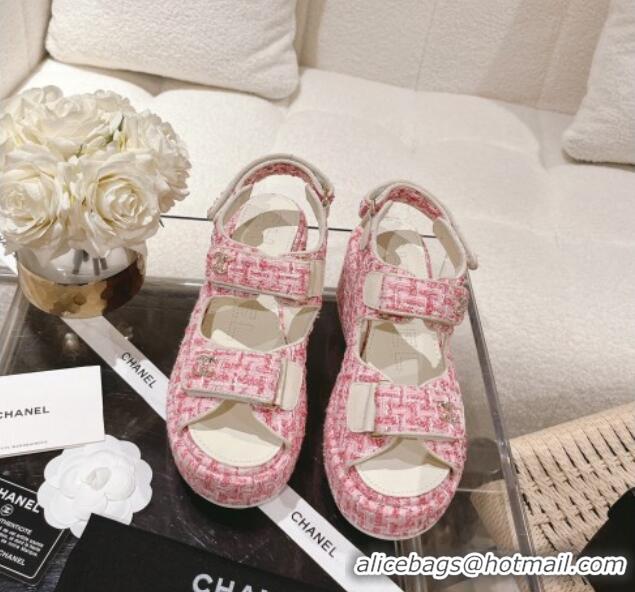 Popular Style Chanel Tweed Wedge Sandals 7.5cm Pink 071040