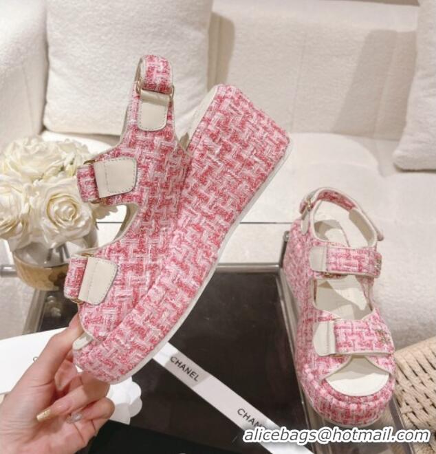 Popular Style Chanel Tweed Wedge Sandals 7.5cm Pink 071040