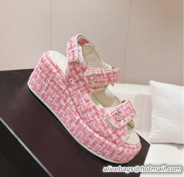 Popular Style Chanel Tweed Wedge Sandals 7.5cm Pink 071040