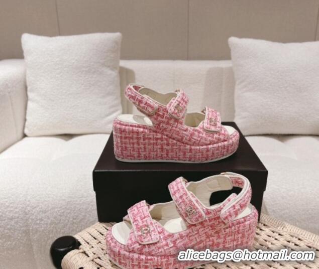 Popular Style Chanel Tweed Wedge Sandals 7.5cm Pink 071040